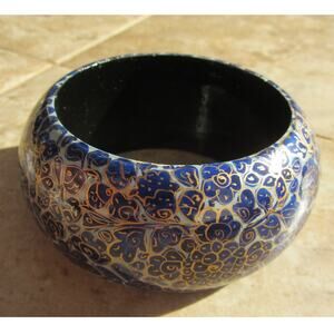 Chunky 6" Blue & Gold Hand Painted Wooden Bangle Bracelet